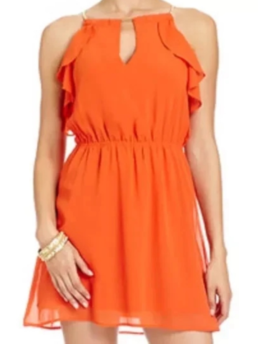 NEW Bebe 2b Orange Sheer Ruffle Neck Cutout Front Top Dress